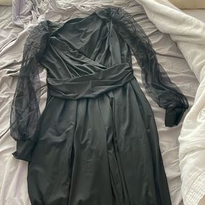 Black v neck jumpsuit with tulle sleeves